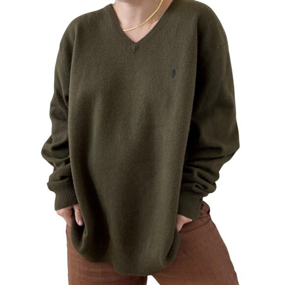 Vintage 1990s Polo Ralph Lauren Olive Green 100% Lambs Wool V Neck Sweater 4XL - Picture 1 of 8